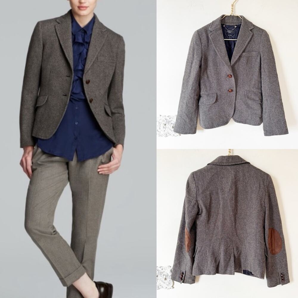 MaxMara Gray and Brown Herringbone Tweed Wool Blazer elbow patches 4